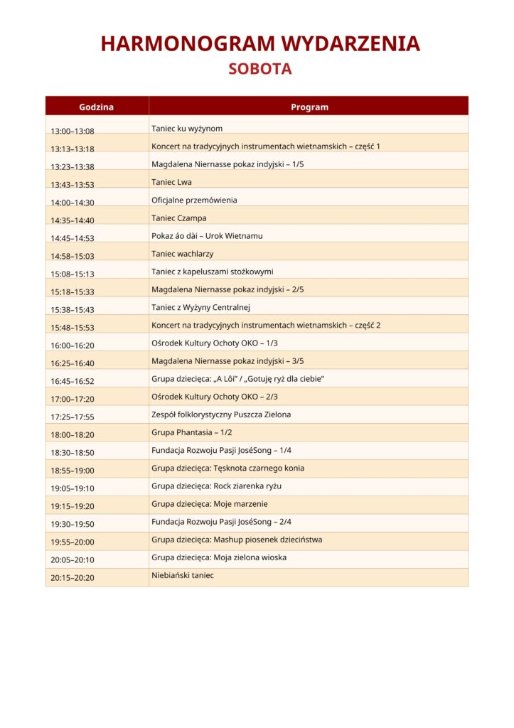 HARMONOGRAM WYDARZENIA — SOBOTA
13:00–13:08 — Taniec ku wyżynom
13:13–13:18 — Koncert na tradycyjnych instrumentach wietnamskich – część 1
13:23–13:38 — Magdalena Niernasse pokaz indyjski – 1/5
13:43–13:53 — Taniec Lwa
14:00–14:30 — Oficjalne przemówienia
14:35–14:40 — Taniec Czampa
14:45–14:53 — Pokaz áo dài – Urok Wietnamu
14:58–15:03 — Taniec wachlarzy
15:08–15:13 — Taniec z kapeluszami stożkowymi
15:18–15:33 — Magdalena Niernasse pokaz indyjski – 2/5
15:38–15:43 — Taniec z Wyżyny Centralnej
15:48–15:53 — Koncert na tradycyjnych instrumentach wietnamskich – część 2
16:00–16:20 — Ośrodek Kultury Ochoty OKO – 1/3
16:25–16:40 — Magdalena Niernasse pokaz indyjski – 3/5
16:45–16:52 — Grupa dziecięca: „A Lôi" / „Gotuję ryż dla ciebie"
17:00–17:20 — Ośrodek Kultury Ochoty OKO – 2/3
17:25–17:55 — Zespół folklorystyczny Puszcza Zielona
18:00–18:20 — Grupa Phantasia – 1/2
18:30–18:50 — Fundacja Rozwoju Pasji JoséSong – 1/4
18:55–19:00 — Grupa dziecięca: Tęsknota czarnego konia
19:05–19:10 — Grupa dziecięca: Rock ziarenka ryżu
19:15–19:20 — Grupa dziecięca: Moje marzenie
19:30–19:50 — Fundacja Rozwoju Pasji JoséSong – 2/4
19:55–20:00 — Grupa dziecięca: Mashup piosenek dzieciństwa
20:05–20:10 — Grupa dziecięca: Moja zielona wioska
20:15–20:20 — Niebiański taniec